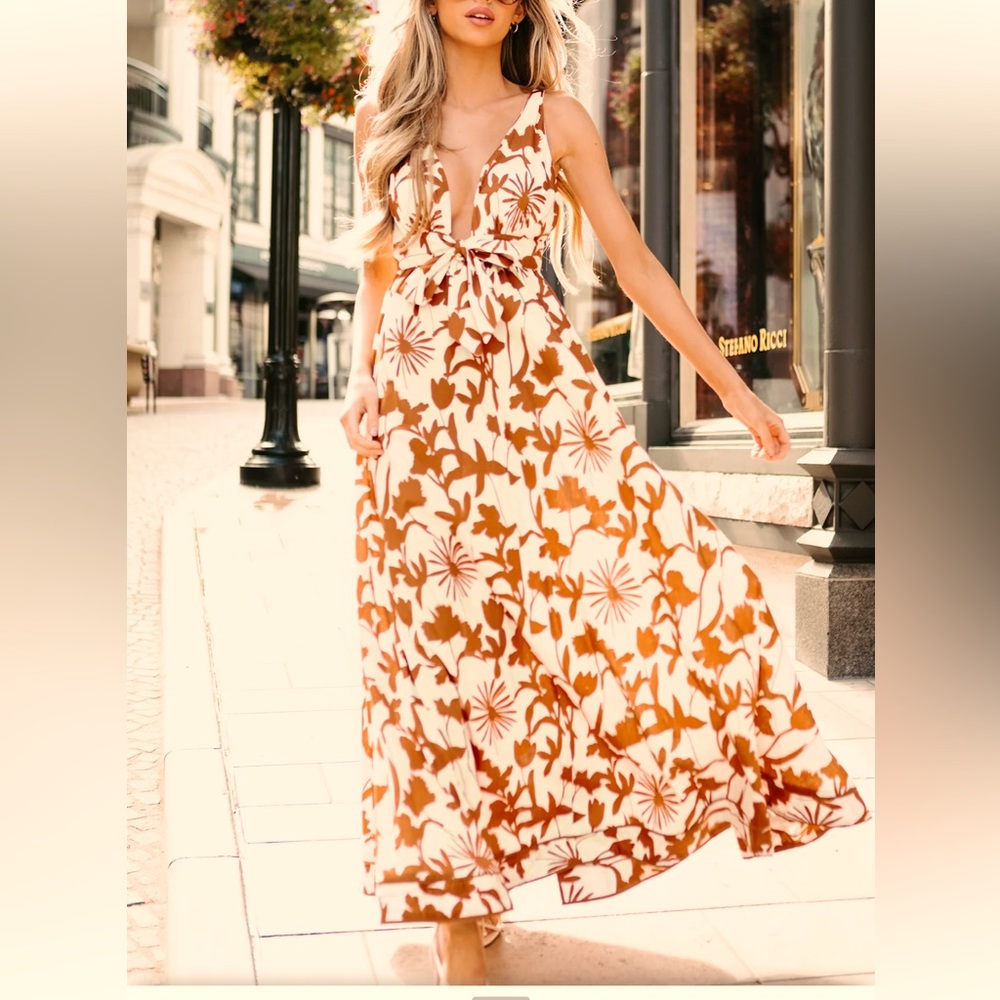 DREAM WEAVER PLUNGING NECK FLORAL MAXI DRESS (CREAM/MULTI) M
